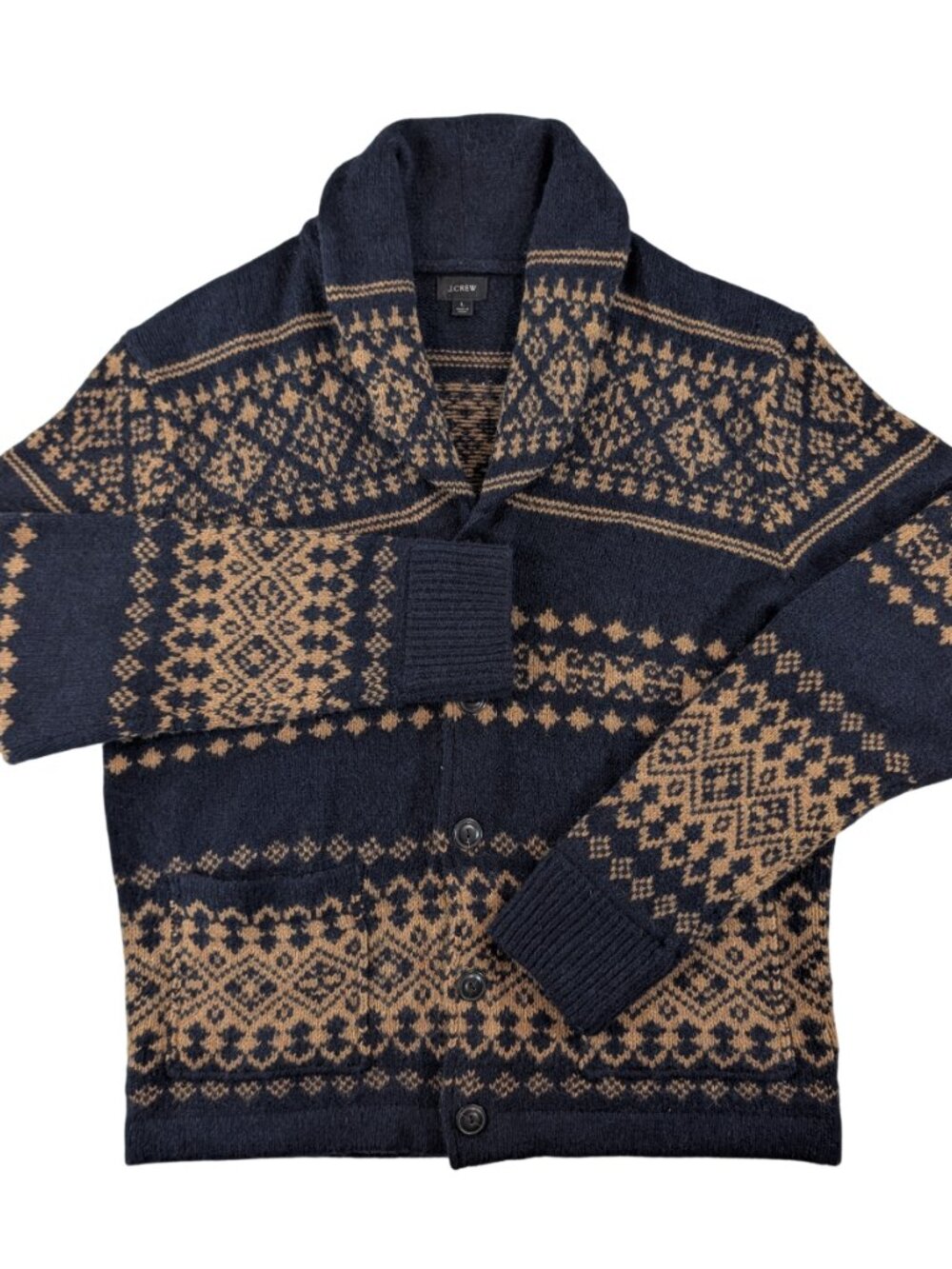 J. Crew Fair Isle Shawl Collar Cardigan Sweater Navy Tan Geometric Mens Large